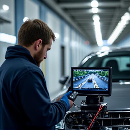 Técnico calibrando cámara de coche