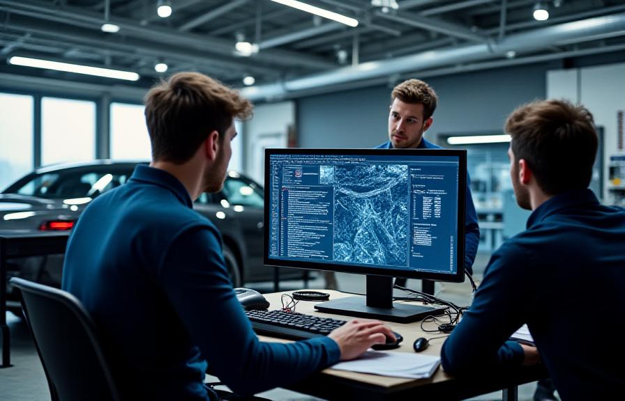Ingenieros de software automotriz analizando datos en el taller de Madrid
